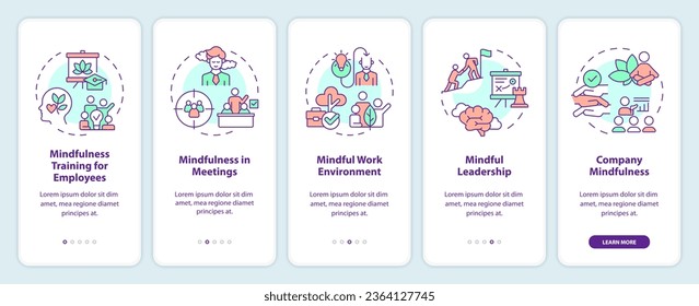 2D icons representing mindful entrepreneurship mobile app screen set. Walkthrough 5 steps colorful graphic instructions with simple thin linear icons concept, UI, UX, GUI template.