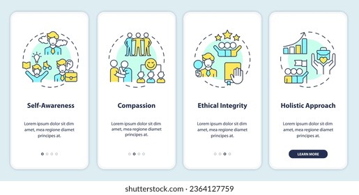 2D icons representing mindful entrepreneurship mobile app screen set. Walkthrough 4 steps colorful graphic instructions with linear icons concept, UI, UX, GUI template.