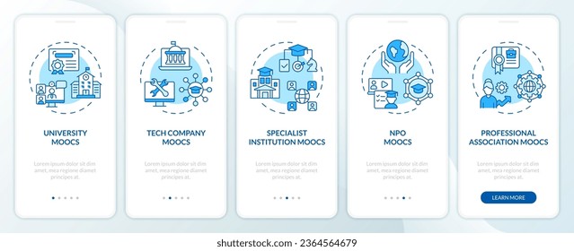 2D icons representing MOOC mobile app screen set. Walkthrough 5 steps blue graphic instructions with line icons concept, UI, UX, GUI template.