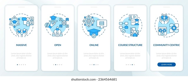 2D icons representing MOOC mobile app screen set. Walkthrough 5 steps blue graphic instructions with simple thin linear icons concept, UI, UX, GUI template.