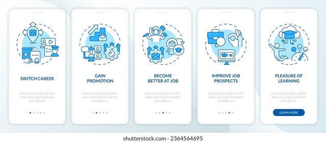 2D icons representing MOOC mobile app screen set. Walkthrough 3 steps blue graphic instructions with thin line icons concept, UI, UX, GUI template.