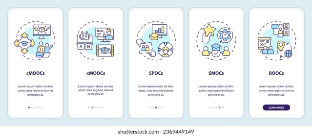 2D icons representing MOOC mobile app screen set. Walkthrough 5 steps colorful graphic instructions with line icons concept, UI, UX, GUI template.