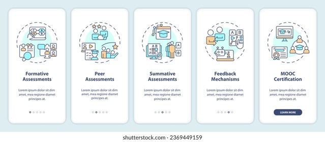 2D icons representing MOOC mobile app screen set. Walkthrough 3 steps multicolor graphic instructions with thin line icons concept, UI, UX, GUI template.