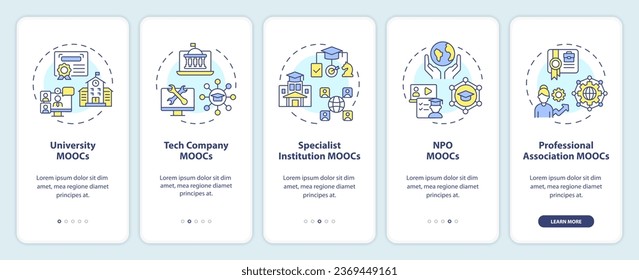 2D icons representing MOOC mobile app screen set. Walkthrough 5 steps colorful graphic instructions with linear icons concept, UI, UX, GUI template.