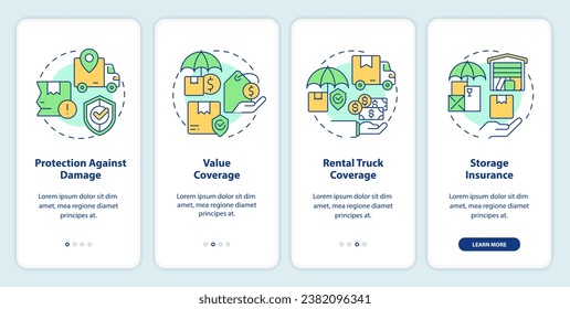 2D icons representing moving service mobile app screen set. Walkthrough 4 steps colorful graphic instructions with line icons concept, UI, UX, GUI template.