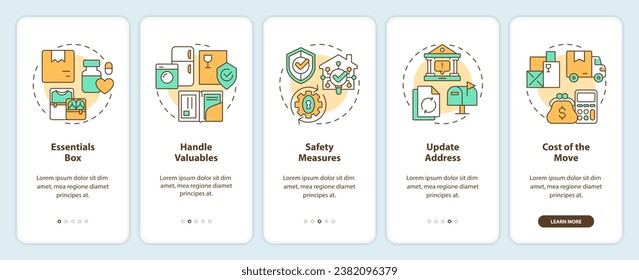 2D icons representing moving service mobile app screen set. Walkthrough 5 steps multicolor graphic instructions with linear icons concept, UI, UX, GUI template.
