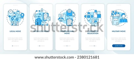 2D icons representing moving service mobile app screen set. Walkthrough 5 steps blue graphic instructions with line icons concept, UI, UX, GUI template.