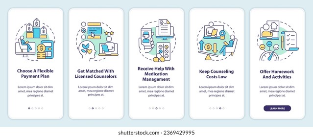 2D icons representing online therapy mobile app screen set. Walkthrough 5 steps multicolor graphic instructions with linear icons concept, UI, UX, GUI template.