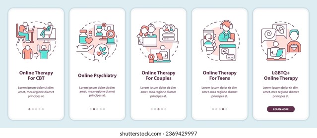 2D icons representing online therapy mobile app screen set. Walkthrough 5 steps colorful graphic instructions with thin line icons concept, UI, UX, GUI template.