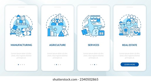 Iconos 2D que representan la pantalla de aplicación móvil de sobreproducción. Recorrido de 4 pasos instrucciones gráficas con el concepto de iconos de línea delgada azul, UI, UX, plantilla GUI.