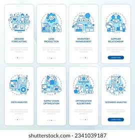 2D icons representing overproduction mobile app screen set. Walkthrough 4 steps blue graphic instructions with thin line icons concept, UI, UX, GUI template.