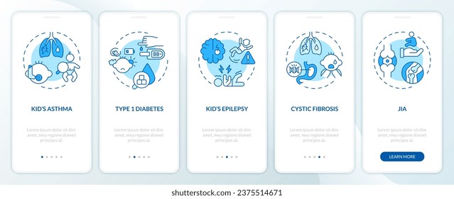 2D icons representing parenting children thin line mobile app screen set. Walkthrough 5 steps blue graphic instructions with thin line icons concept, UI, UX, GUI template.