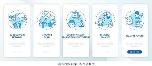 2D icons representing parenting children thin line mobile app screen set. Walkthrough 5 steps blue graphic instructions with linear icons concept, UI, UX, GUI template.