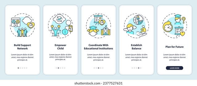 2D icons representing parenting children thin line mobile app screen set. Walkthrough 5 steps multicolor graphic instructions with linear icons concept, UI, UX, GUI template.