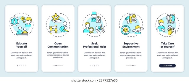2D icons representing parenting children thin line mobile app screen set. Walkthrough 5 steps colorful graphic instructions with thin line icons concept, UI, UX, GUI template.