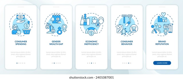 2D icons representing pink tax economic implications mobile app screen set. Walkthrough 5 steps blue graphic instructions with line icons concept, UI, UX, GUI template.