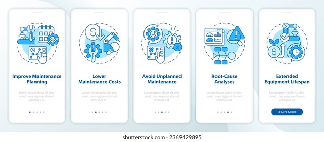 2D icons representing predictive maintenance mobile app screen set. Walkthrough 5 steps blue graphic instructions with simple thin linear icons concept, UI, UX, GUI template.