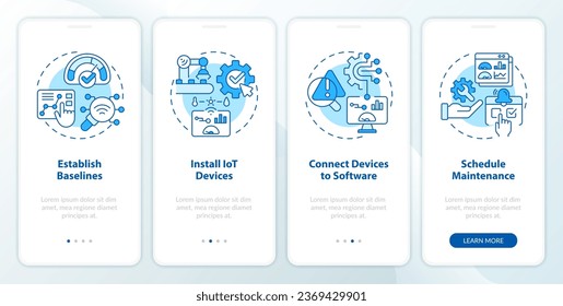 2D icons representing predictive maintenance mobile app screen set. Walkthrough 4 steps blue graphic instructions with thin line icons concept, UI, UX, GUI template.