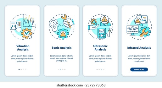 2D icons representing predictive maintenance mobile app screen set. Walkthrough 4 steps multicolor graphic instructions with thin linear icons concept, UI, UX, GUI template.