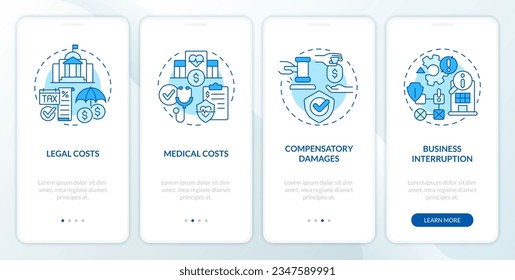 Iconos 2D que representan el conjunto de pantalla de la aplicación móvil de responsabilidad del producto. Recorrido de 4 pasos instrucciones gráficas azules con el concepto de iconos de línea, UI, UX, plantilla GUI.