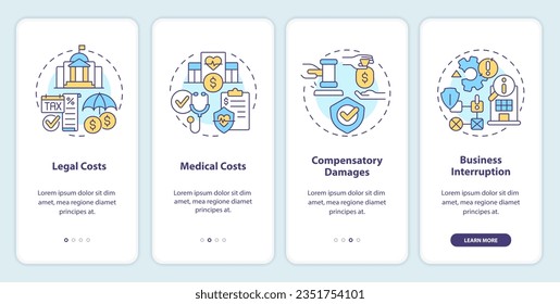 2D icons representing product liability mobile app screen set. Walkthrough 4 steps colorful graphic instructions with line icons concept, UI, UX, GUI template.