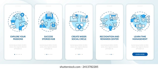 2D icons representing recommendations mobile app screen set. Walkthrough 5 steps monochromatic extracurricular activities graphic instructions with linear icons concept, UI, UX, GUI template.