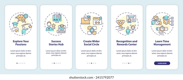 2D icons representing recommendations mobile app screen set. Walkthrough 5 steps extracurricular activities graphic instructions with linear icons concept, UI, UX, GUI template. svg