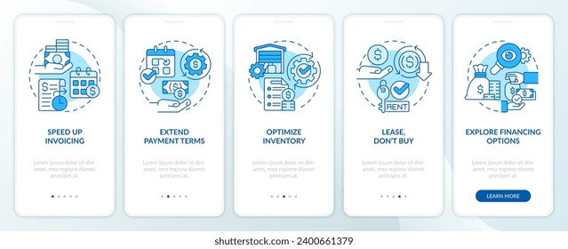 2D-Symbole, die Strategien zur Verbesserung der Cashflow monochromatischen mobilen App-Bildschirm-Set darstellen. Exemplarische Vorgehensweise: 5 Schritte blaue grafische Anleitungen mit linearem Symbolkonzept, Benutzeroberfläche, UX, GUI-Vorlage.