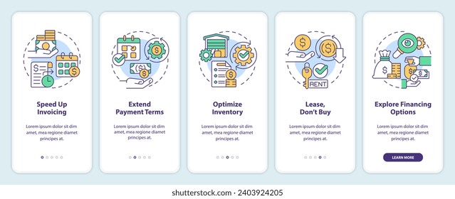 2D icons representing strategies for improving cash flow mobile app screen set. Walkthrough 5 steps multicolor graphic instructions with linear icons concept, UI, UX, GUI template.