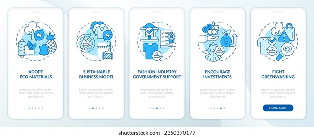 2D icons representing sustainable fashion mobile app screen set. Walkthrough 5 steps blue graphic instructions with line icons concept, UI, UX, GUI template.