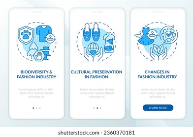 Iconos 2D que representan un conjunto de pantalla de aplicación móvil de moda sostenible. Recorrido 3 pasos instrucciones gráficas azules con el concepto de iconos de línea delgada, UI, UX, plantilla GUI.