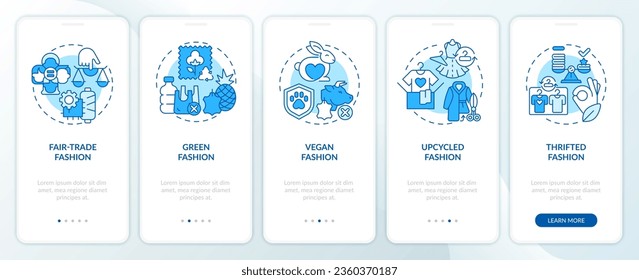 2D icons representing sustainable fashion mobile app screen set. Walkthrough 5 steps blue graphic instructions with linear icons concept, UI, UX, GUI template.