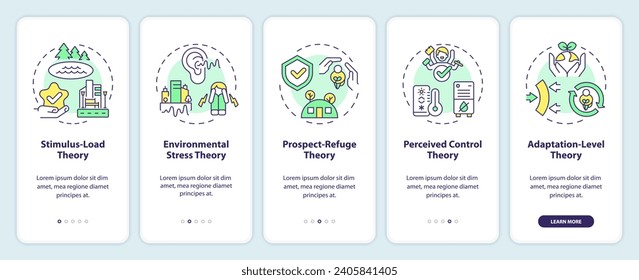 2D icons representing theory of environmental psychology mobile app screen set. Walkthrough 5 steps colorful graphic instructions with thin line icons concept, UI, UX, GUI template.