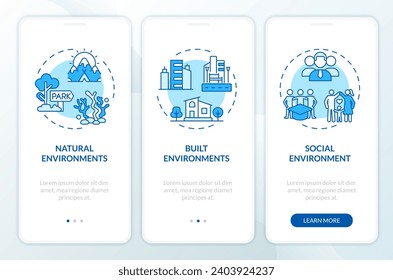 Iconos 2D que representan tipos de aplicación móvil de la psicología ambiental. Recorrido de 4 pasos instrucciones gráficas azules con el concepto de iconos de línea, UI, UX, plantilla GUI.