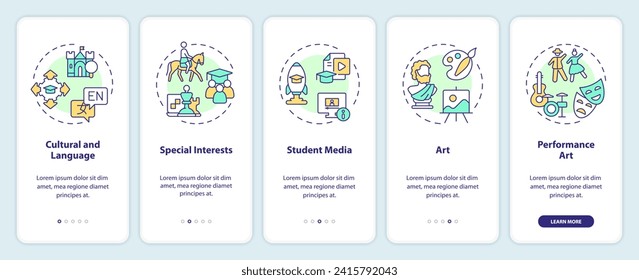 Iconos 2D que representan tipos de actividades extracurriculares conjunto de pantalla de aplicación móvil. Recorrido 5 pasos instrucciones gráficas coloridas con el concepto de iconos de línea delgada, UI, UX, plantilla GUI.