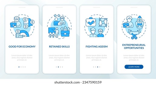 2D icons representing unretirement mobile app screen set. Walkthrough 4 steps blue graphic instructions with linear icons concept, UI, UX, GUI template.