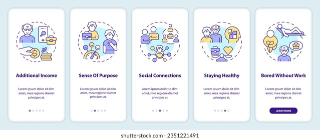 2D icons representing unretirement mobile app screen set. Walkthrough 5 steps colorful graphic instructions with thin line icons concept, UI, UX, GUI template.