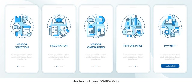 2D icons representing vendor management mobile app screen set. Walkthrough 5 steps blue graphic instructions with linear icons concept, UI, UX, GUI template.