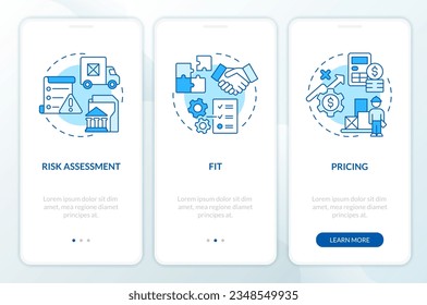 2D icons representing vendor management mobile app screen set. Walkthrough 3 steps blue graphic instructions with line icons concept, UI, UX, GUI template.