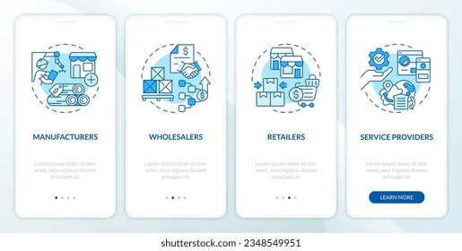 2D icons representing vendor management mobile app screen set. Walkthrough 4 steps blue graphic instructions with thin line icons concept, UI, UX, GUI template.