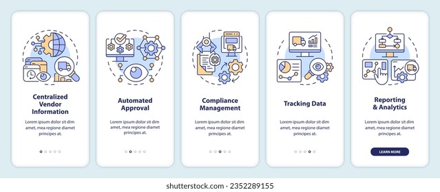 2D icons representing vendor management mobile app screen set. Walkthrough 5 steps multicolor graphic instructions with thin line icons concept, UI, UX, GUI template.