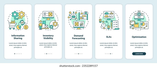 2D icons representing vendor management mobile app screen set. Walkthrough 5 steps colorful graphic instructions with line icons concept, UI, UX, GUI template.