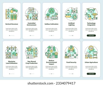 2D icons representing vertical farming and hydroponics mobile app screen set. Walkthrough 5 steps colorful graphic instructions with linear concepts, UI, UX, GUI template.