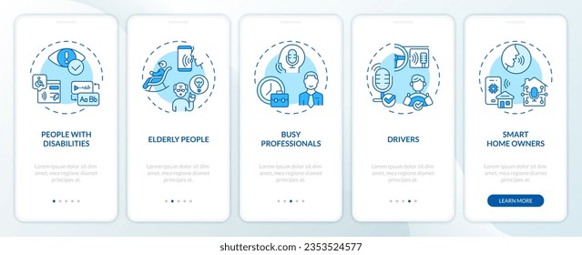 2D icons representing voice assistant mobile app screen set. Walkthrough 5 steps blue graphic instructions with line icons concept, UI, UX, GUI template.