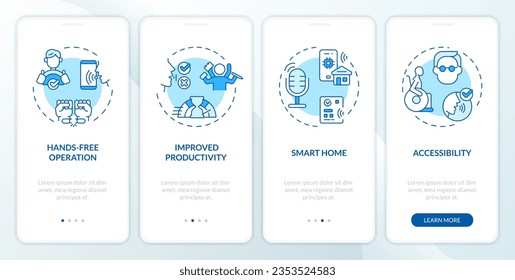 2D icons representing voice assistant mobile app screen set. Walkthrough 4 steps blue graphic instructions with thin line icons concept, UI, UX, GUI template.