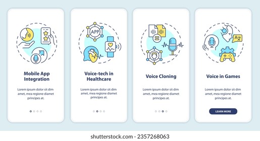 2D icons representing voice assistant mobile app screen set. Walkthrough 4 steps multicolor graphic instructions with thin line icons concept, UI, UX, GUI template.