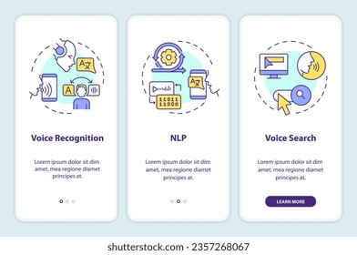 2D-Symbole, die den Sprach-Assistant Mobile-App-Bildschirm darstellen. 3 Schritte durch farbige grafische Anleitungen mit Zeilensymbole-Konzept, Benutzeroberfläche, UX, GUI-Vorlage.