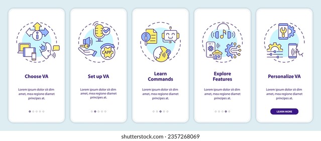 2D icons representing voice assistant mobile app screen set. Walkthrough 5 steps multicolor graphic instructions with linear icons concept, UI, UX, GUI template.
