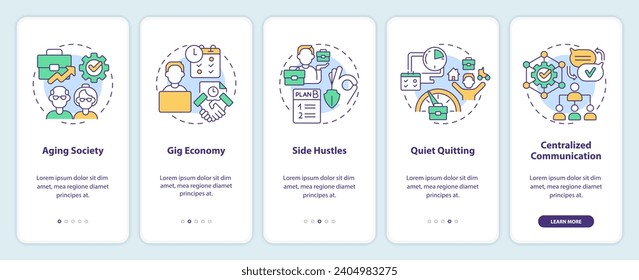 2D icons representing workplace dynamics mobile app screen set. Walkthrough 5 steps multicolor graphic instructions with line icons concept, UI, UX, GUI template.