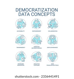 2D icons set representing data democratization concepts, isolated vector, thin line illustration.